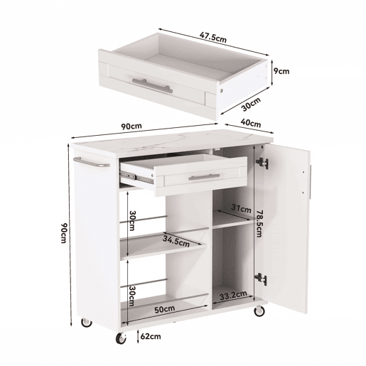 Carrinho de cozinha 90x40x90 cm - com bancada com efeito de mármore, gaveta, armário e prateleiras abertas, rodas com travão e toalheiro - branco