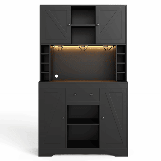 Armário alto de cozinha 180 x 105 x 40 cm - com prateleiras ajustáveis, gaveta, suporte para copos em aço inoxidável, suporte para garrafas, iluminação LED com mudança de cor e tomadas - preto