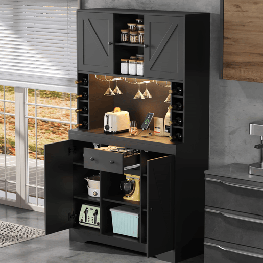 Armário alto de cozinha 180 x 105 x 40 cm - com prateleiras ajustáveis, gaveta, suporte para copos em aço inoxidável, suporte para garrafas, iluminação LED com mudança de cor e tomadas - preto