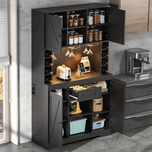Armário alto de cozinha 180 x 105 x 40 cm - com prateleiras ajustáveis, gaveta, suporte para copos em aço inoxidável, suporte para garrafas, iluminação LED com mudança de cor e tomadas - preto