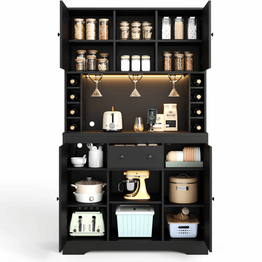 Armário alto de cozinha 180 x 105 x 40 cm - com prateleiras ajustáveis, gaveta, suporte para copos em aço inoxidável, suporte para garrafas, iluminação LED com mudança de cor e tomadas - preto