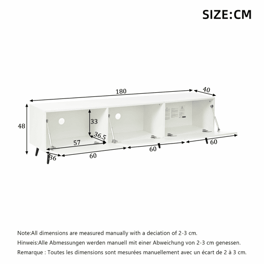 Móvel de TV 180 x 40 x 48 cm - 3 portas basculantes, padrão estampado, amplo espaço de arrumação, compatível com televisores até 80 polegadas, MDF - Branco
