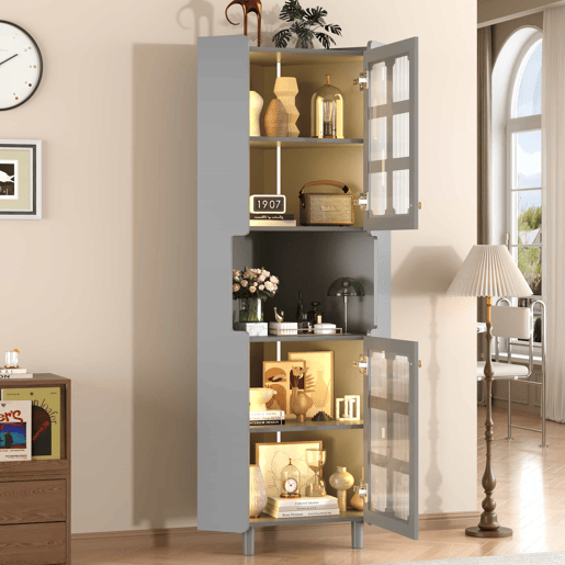 Armário de canto com iluminação LED - Multifuncional, acabamento lacado em MDF, estante para sala de estar, quarto, casa de banho, sala de jantar - Cinza