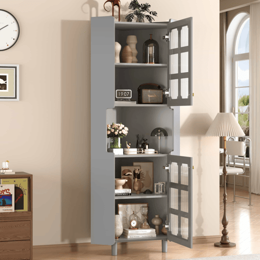 Armário de canto com iluminação LED - Multifuncional, acabamento lacado em MDF, estante para sala de estar, quarto, casa de banho, sala de jantar - Cinza
