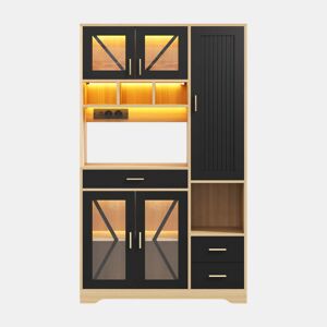 Armário de cozinha 185 x 105 x 40 cm - armário alto de estilo rústico tipo celeiro com vitrina, prateleiras ajustáveis, gaveta, iluminação LED multicolorida e tomadas - preto e natural