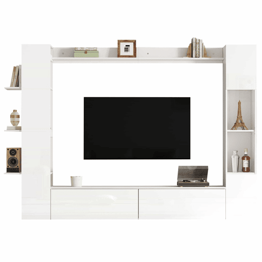 Conjunto modular de sala de estar de 4 peças - compacto com grande capacidade de arrumação, vitrina com porta reversível, móvel de TV e armário de arrumação para sala de estar - branco