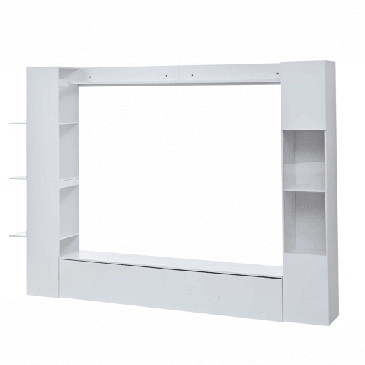 Conjunto modular de sala de estar de 4 peças - compacto com grande capacidade de arrumação, vitrina com porta reversível, móvel de TV e armário de arrumação para sala de estar - branco