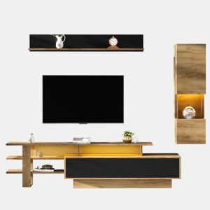 Conjunto de móveis para televisão de 3 peças para sala de estar, até 80 polegadas u2013 com LED, 3 gavetas, vitrina e prateleira suspensa u2013 preto e madeira natural