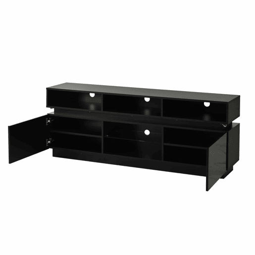 Móvel de TV tipo lowboard 160 x 35 x 60 cm - suporte para TV de ecrã plano com prateleira em vidro temperado, acabamento de alto brilho, iluminação LED, MDF, adequado para TVs de 60 polegadas - preto