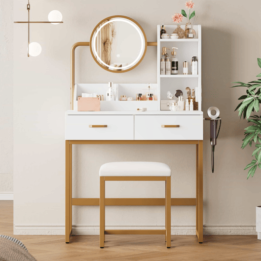 Penteadeira moderna 80 x 138,5 x 40 cm - com iluminação LED, espelho giratório, tomadas, banco, 2 gavetas e 2 prateleiras abertas, pés metálicos dourados - branco e dourado