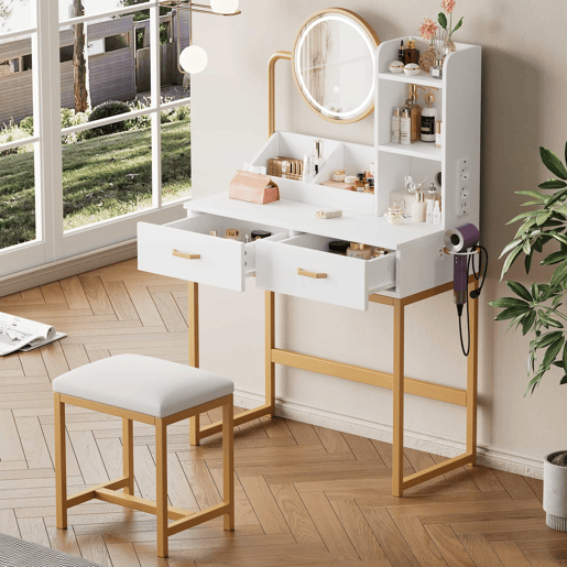 Penteadeira moderna 80 x 138,5 x 40 cm - com iluminação LED, espelho giratório, tomadas, banco, 2 gavetas e 2 prateleiras abertas, pés metálicos dourados - branco e dourado