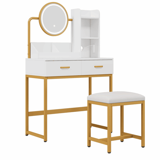 Penteadeira moderna 80 x 138,5 x 40 cm - com iluminação LED, espelho giratório, tomadas, banco, 2 gavetas e 2 prateleiras abertas, pés metálicos dourados - branco e dourado