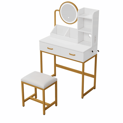 Penteadeira moderna 80 x 138,5 x 40 cm - com iluminação LED, espelho giratório, tomadas, banco, 2 gavetas e 2 prateleiras abertas, pés metálicos dourados - branco e dourado