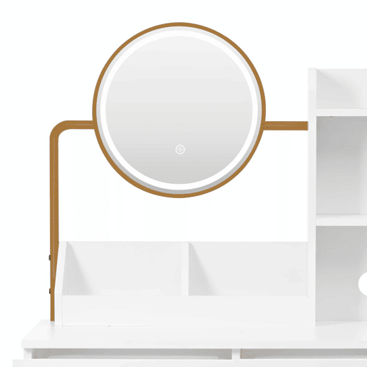 Penteadeira moderna 80 x 138,5 x 40 cm - com iluminação LED, espelho giratório, tomadas, banco, 2 gavetas e 2 prateleiras abertas, pés metálicos dourados - branco e dourado