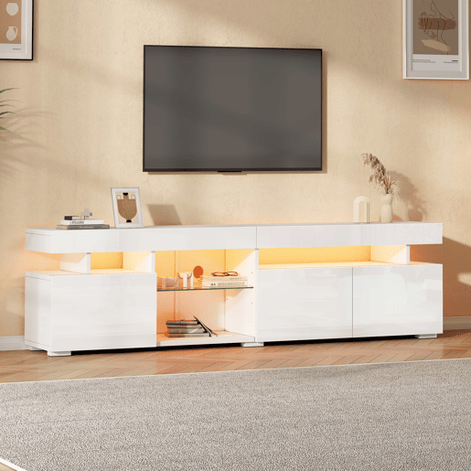 Móvel de TV baixo 180 x 35 x 45 cm - acabamento de alto brilho, 3 portas, prateleiras de vidro temperado ajustáveis, compatível com televisores até 80 polegadas, tampo em aglomerado - branco