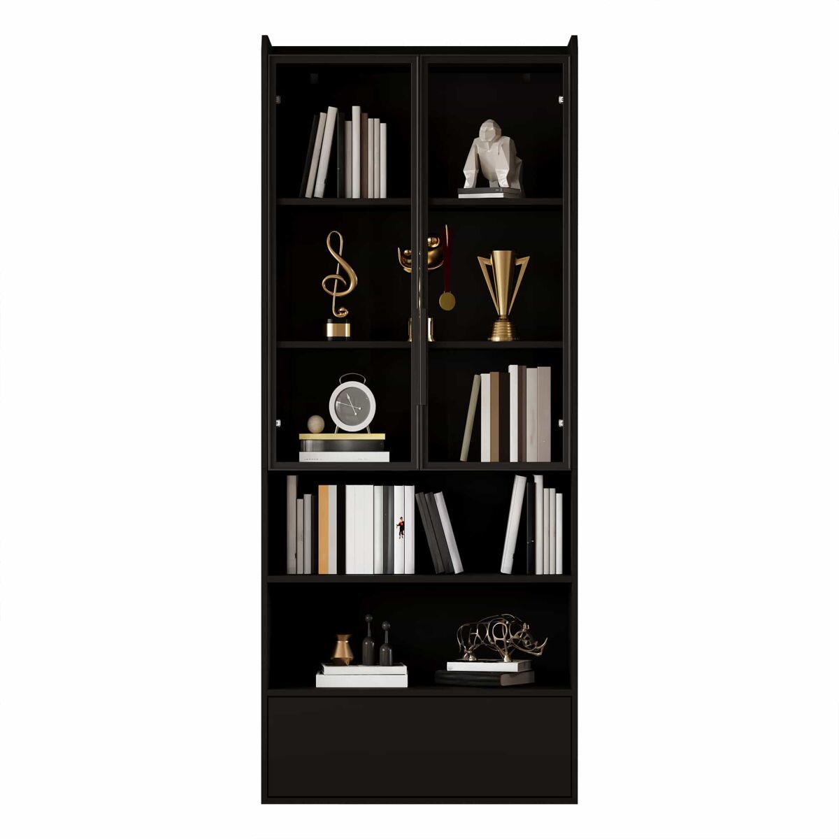 Vitrina alta 80x34x180 cm - 1 cajón, puertas de cristal, led, compartimento abierto, estantería de pie - negro