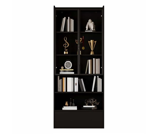 Vitrina alta 80x34x180 cm - 1 cajón, puertas de cristal, led, compartimento abierto, estantería de pie - negro