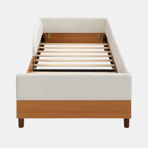Cama individual estofada 90x200 cm - design em veludo e madeira com 2 bolsos de arrumação, rebordo de espuma macia anti-colisão, estrutura de cama estável para quarto infantil - Branco + Natural