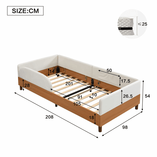 Cama individual estofada 90x200 cm - design em veludo e madeira com 2 bolsos de arrumação, rebordo de espuma macia anti-colisão, estrutura de cama estável para quarto infantil - Branco + Natural