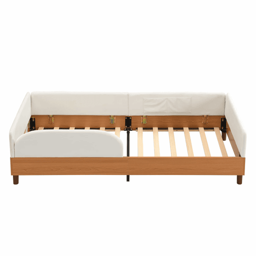 Cama individual estofada 90x200 cm - design em veludo e madeira com 2 bolsos de arrumação, rebordo de espuma macia anti-colisão, estrutura de cama estável para quarto infantil - Branco + Natural