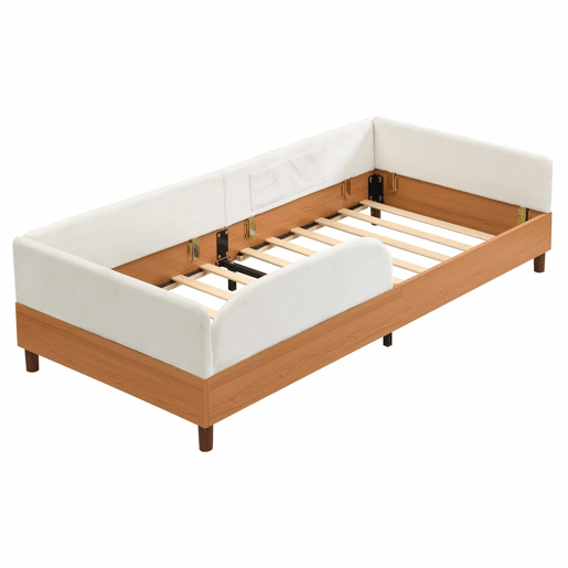 Cama individual estofada 90x200 cm - design em veludo e madeira com 2 bolsos de arrumação, rebordo de espuma macia anti-colisão, estrutura de cama estável para quarto infantil - Branco + Natural