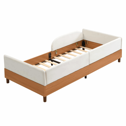 Cama individual estofada 90x200 cm - design em veludo e madeira com 2 bolsos de arrumação, rebordo de espuma macia anti-colisão, estrutura de cama estável para quarto infantil - Branco + Natural