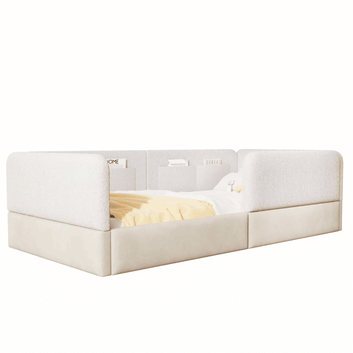 Cama de plataforma estofada 90x200 - com grade de segurança e saco de arrumação - branco