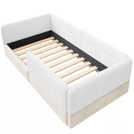 Cama de plataforma estofada 90x200 - com grade de segurança e saco de arrumação - branco