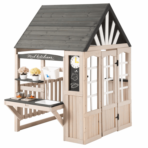 Cozinha infantil de barro em madeira para exterior u2013 com torneira de água a funcionar, casinha de brincar em madeira para jardim, brinquedos infantis, presente para maiores de 3 anos u2013 Cinza+Beige