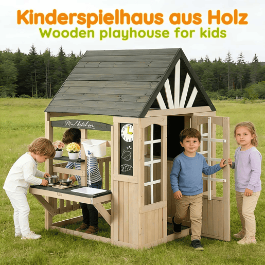 Cozinha infantil de barro em madeira para exterior u2013 com torneira de água a funcionar, casinha de brincar em madeira para jardim, brinquedos infantis, presente para maiores de 3 anos u2013 Cinza+Beige