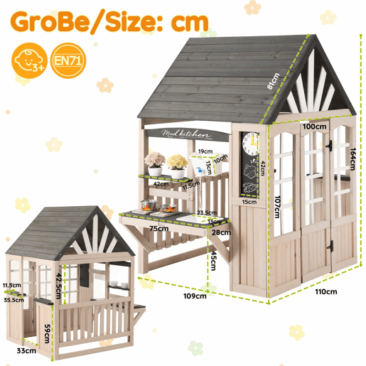 Cozinha infantil de barro em madeira para exterior u2013 com torneira de água a funcionar, casinha de brincar em madeira para jardim, brinquedos infantis, presente para maiores de 3 anos u2013 Cinza+Beige
