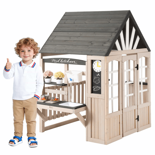 Cozinha infantil de barro em madeira para exterior u2013 com torneira de água a funcionar, casinha de brincar em madeira para jardim, brinquedos infantis, presente para maiores de 3 anos u2013 Cinza+Beige