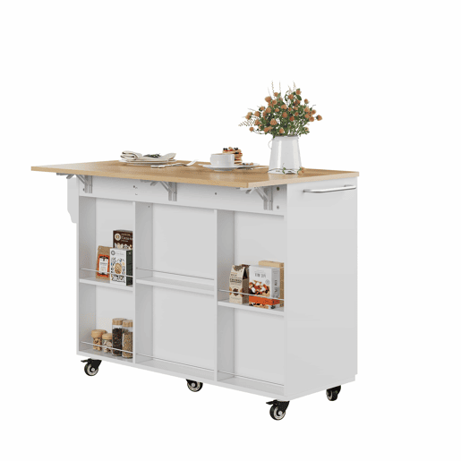 Ilha de cozinha móvel de 120 cm u2013 bancada rebatível, com rodízios, gaveta e armário u2013 branco e carvalho natural