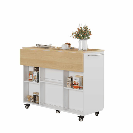 Ilha de cozinha móvel de 120 cm u2013 bancada rebatível, com rodízios, gaveta e armário u2013 branco e carvalho natural