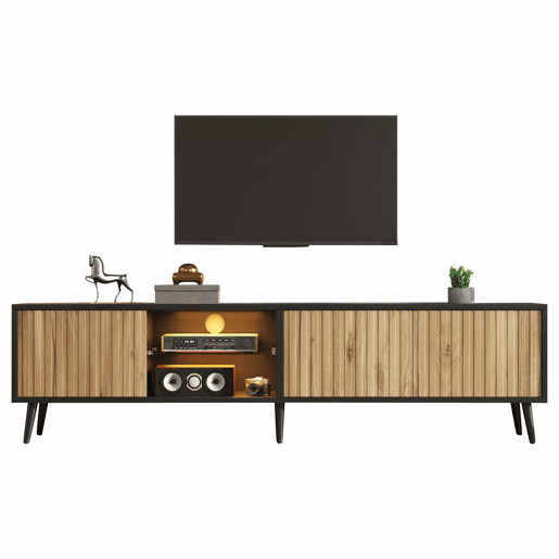 Móvel baixo para TV LED 175 x 31 x 43,5 cm - lowboard com 3 armários, vidro temperado, 6 pés de suporte, grande capacidade de arrumação, adequado para TV de 75 polegadas - madeira natural e preto