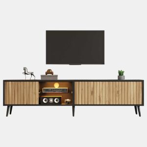 Móvel baixo para TV LED 175 x 31 x 43,5 cm - lowboard com 3 armários, vidro temperado, 6 pés de suporte, grande capacidade de arrumação, adequado para TV de 75 polegadas - madeira natural e preto