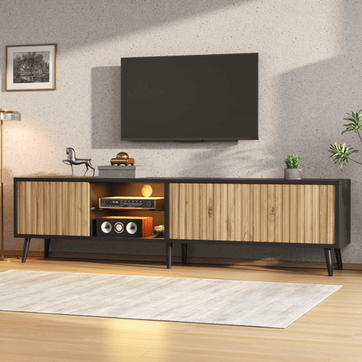 Móvel baixo para TV LED 175 x 31 x 43,5 cm - lowboard com 3 armários, vidro temperado, 6 pés de suporte, grande capacidade de arrumação, adequado para TV de 75 polegadas - madeira natural e preto