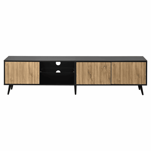 Móvel baixo para TV LED 175 x 31 x 43,5 cm - lowboard com 3 armários, vidro temperado, 6 pés de suporte, grande capacidade de arrumação, adequado para TV de 75 polegadas - madeira natural e preto