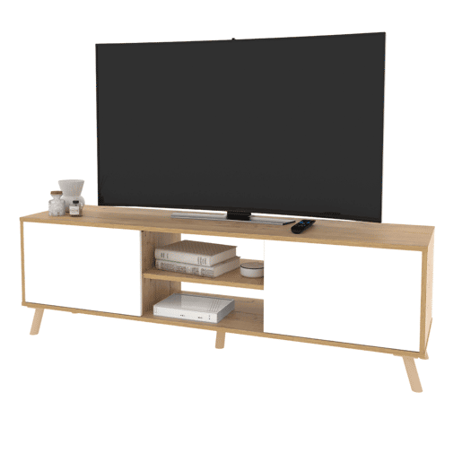 Rack para TV Oslo 160cm para sala de estar, 2 portas, 1 prateleira central, pés em ABS, acabamento em carvalho dourado e branco fosco.