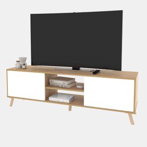 Rack para TV Oslo 160cm para sala de estar, 2 portas, 1 prateleira central, pés em ABS, acabamento em carvalho dourado e branco fosco.