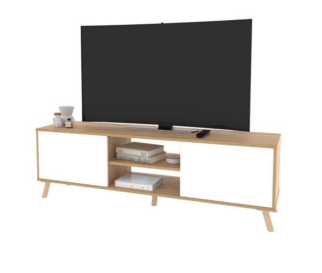 Mueble de TV 160 cm Oslo salón 2 puertas 1 estante central patas ABS roble gold y blanco mate