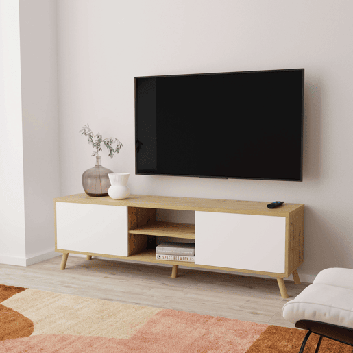 Rack para TV Oslo 160cm para sala de estar, 2 portas, 1 prateleira central, pés em ABS, acabamento em carvalho dourado e branco fosco.