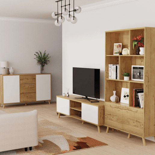Rack para TV Oslo 160cm para sala de estar, 2 portas, 1 prateleira central, pés em ABS, acabamento em carvalho dourado e branco fosco.