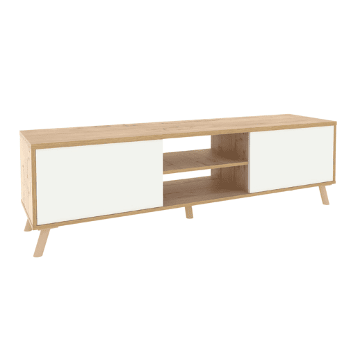 Rack para TV Oslo 160cm para sala de estar, 2 portas, 1 prateleira central, pés em ABS, acabamento em carvalho dourado e branco fosco.