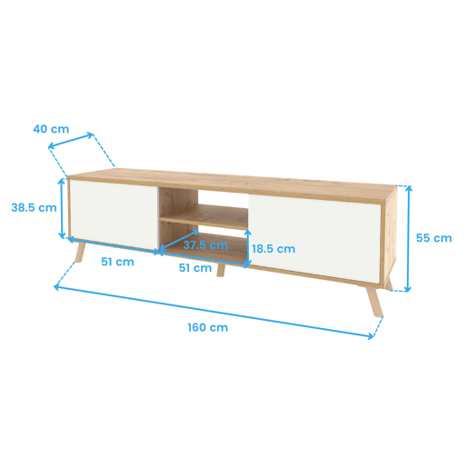 Rack para TV Oslo 160cm para sala de estar, 2 portas, 1 prateleira central, pés em ABS, acabamento em carvalho dourado e branco fosco.
