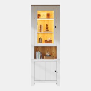 Vitrine alta 70 x 40 x 188 cm - com 2 portas, 6 prateleiras ajustáveis, vitrine de vidro com iluminação LED, estilo moderno - branco e cor de madeira natural