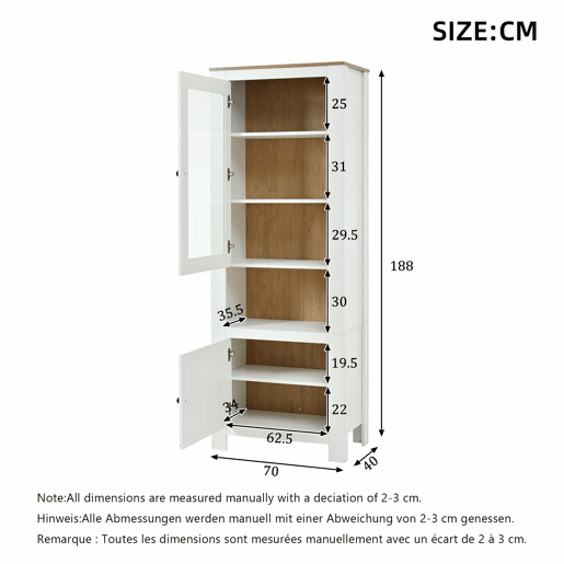 Vitrine alta 70 x 40 x 188 cm - com 2 portas, 6 prateleiras ajustáveis, vitrine de vidro com iluminação LED, estilo moderno - branco e cor de madeira natural