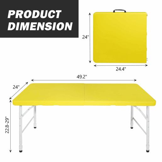Mesa dobrável de 125 cm - resistente, ajustável, multifuncional - amarela