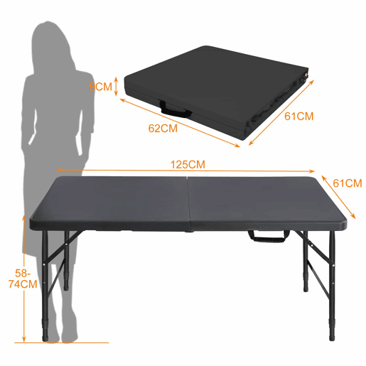 Mesa dobrável portátil de 125 cm - resistente, com altura ajustável, multifuncional, ideal para acampamentos e festas - preta