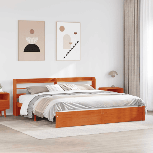 Estrutura de cama de casal simple com cabeceira - Marrom Cera 200 x 200 cm